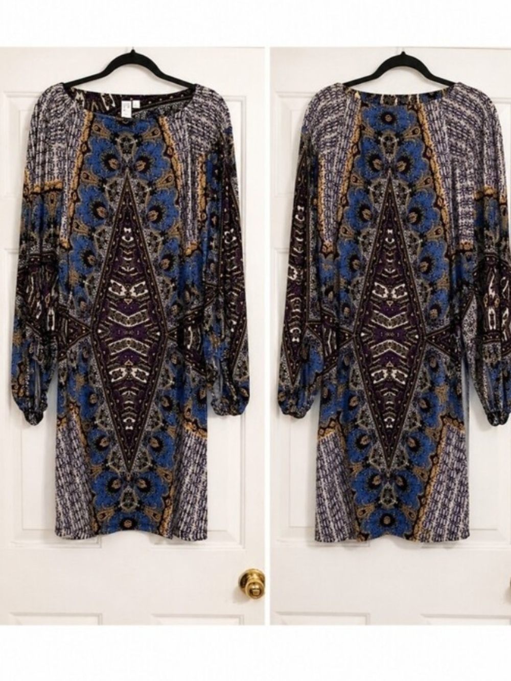Emma & Michele Boho Kaleidoscope Graphic Print Tunic Dress Long Bishop Sleeve L